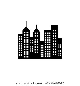 This bold silhouette of a city skyline shows off various buildings with numerous windows. The monochrome contrast provides a dynamic, scalable element set against a white background.