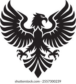 This bold, symmetrical illustration features an eagle in a striking tribal-inspired style, rendered in solid black on a crisp white background. The eagle’s fully spread wings are adorned