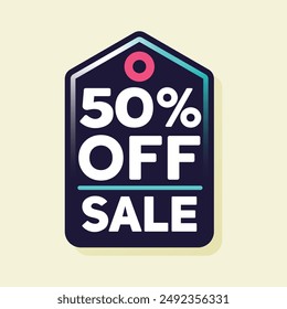 This bold tag displays "50% OFF SALE" in large, vibrant text. The eye-catching design is perfect for promoting half-price discounts and special sale events in retail settings.