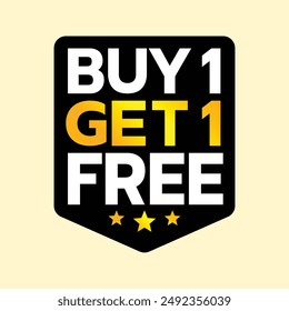 This bold tag displays "BUY 1 GET 1 FREE" in vibrant, golden text with stars. The eye-catching design is perfect for promoting buy-one-get-one-free offers and special promotions in retail settings.