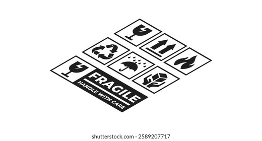 This is Box Packaging Icon Label from Icon Collection Set. Fragile, Barcode, Handle with care, caution, keep dry, flammable material and recyclable material symbol.