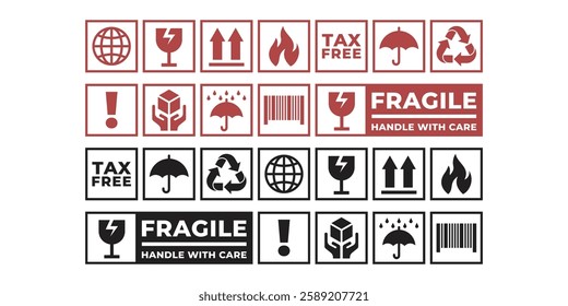 This is Box Packaging Icon Label from Icon Collection Set. Fragile, Barcode, Handle with care, caution, keep dry, flammable material and recyclable material symbol.