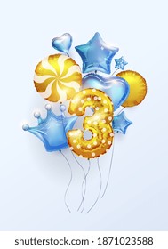 This is a boy, 3 children's birthday background with colorful 3D balloons in the form of the number three, stars, hearts, crowns in blue and gold foil.. Vector illustration.