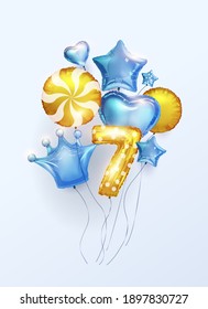 This Is A Boy, 7 Children's Birthday Background With Colorful 3D Balloons In The Form Of Numbers Seven Stars, Hearts, Crowns In Blue And Gold Foil. Vector Illustration.