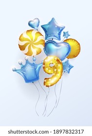 Das ist ein Junge, 9 Kinder-Geburtstagshintergrund mit bunten 3D-Ballons in der Form der Nummer neun, Sterne, Herzen, Kronen in Blau- und Goldfolie. Vektorgrafik.