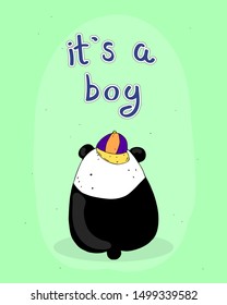This is a boy. Cute funny children vector illustration with cartoon panda, inscription on a neutral background. hand drawing