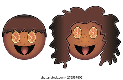 This boy and girl of biscuits. They smile. Their eyes are made of orange. Their hair is made of chocolate. Their tongues are made of strawberry.
