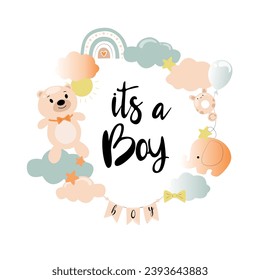 This is a boy, the inscription is written in calligraphy and decorated with a rattle-pacifier, a bear, an elephant, clouds, and the sun. Gender party concept. Vector illustration.
