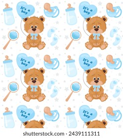 This is a boy. Pattern with a cute bear and a balloon with an inscription in blue. Teddy bear, pacifier, bottle, rattle and footprints in flat style. For textile, wrapping paper, background.