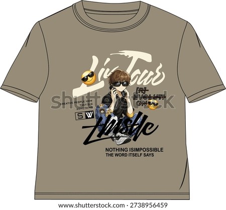 This boys t shirt vector design features a stylish cartoon character wearing sunglasses with bold typography elements like "Live your lifestyle" and "Hustle" combined with a motivational quote. The modern streetwear layout, creative graphics, and urban vibe make it perfect for trendy boys fashion, casual wear, and youth inspired apparel collections.