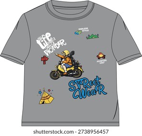 This boys vector t shirt design features a stylish biker riding a motorcycle with adventure camp elements, mountain graphics, and bold street wear typography. The creative outdoor theme with camping icons and modern lettering makes it perfect for boys fashion, urban street style, and casual everyday apparel collections.