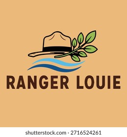 Esta marca presenta un sombrero de campaña, una rama frondosa y olas de agua que fluyen, lo que indica un enfoque en los servicios del parque, la conservación o la guía al aire libre. El nombre de "Ranger Louie" sugiere un nombre agradable y verdadero