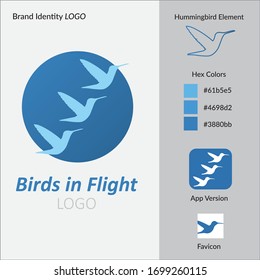 Este es un kit de identidad de marca que incluye un logo corporativo con un colibrí en él con variaciones del logo: versión de favicon y aplicación. Se proporcionan los códigos de color HEX.