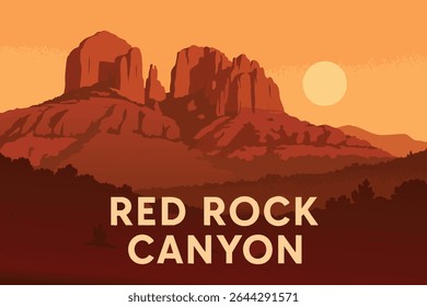 This breathtaking vector illustration captures the stunning beauty of Red Rock Canyon at sunset, with its towering cliffs bathed in golden hues
