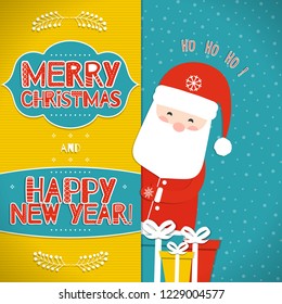 This is a bright congratulatory Christmas background with Santa Claus. Inscriptions Merry Christmas and Happy New Year with the letters in the Scandinavian style. Ho-Ho-Ho. Vector illustration.