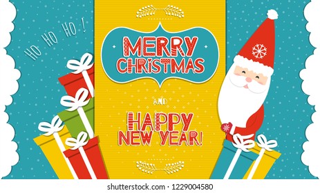 This is a bright congratulatory Christmas background with Santa Claus. Inscriptions Merry Christmas and Happy New Year with the letters in the Scandinavian style. Ho-Ho-Ho. Vector illustration.