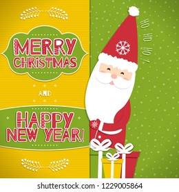 This is a bright congratulatory Christmas background with Santa Claus. Inscriptions Merry Christmas and Happy New Year with the letters in the Scandinavian style. Ho-Ho-Ho. Vector 