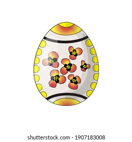 This bright Easter egg is painted red and yellow. Small daisies are drawn inside. Stock vector illustration in cartoon style isolated on white background.