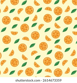 This is a bright illustration with orange slices and green leaves on a light background. The orange slices and leaves are arranged in a harmonious order, creating a feeling of freshness and sunny mood