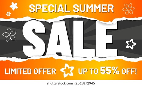 This bright and lively image presents a special summer sale with a torn paper effect, capturing the essence of seasonal promotions and enticing customers to shop. Vector illustration.