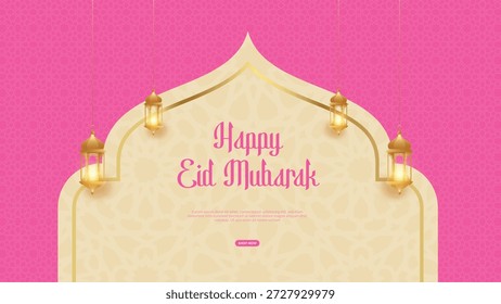 Diese helle, moderne Illustration zeigt einen Happy Eid Mubarak Gruß auf einem lebendigen rosa islamischen geometrischen Muster Hintergrund, eingerahmt von traditionellen goldenen arabischen Laternen in einem Bogen-Design, perfekt für Feiern und digitale Marketing-Kampagnen.