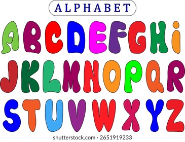 This bright and playful alphabet design is perfect for creating educational materials for children, such as posters, letter learning cards, coloring books, or interactive games. 