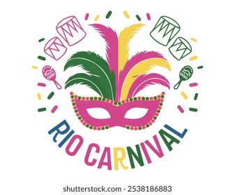 This bright and playful Rio Carnival logo features a vibrant vector design centered around a feathered mask that bursts with pops of pink, green, and yellow. Surrounding the mask are simple outlines o