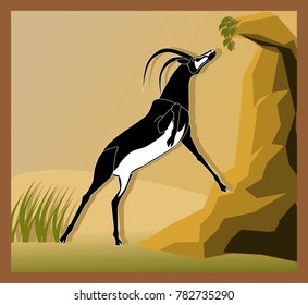 This bright positive illustration depicts an antelope trying to reach out a bush that is hard to get. The picture can be used in an article or a book about African wildlife.