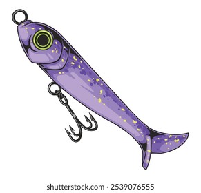 This bright purple fishing lure showcases a unique design with speckles and a prominent treble hook perfect for attracting fish in freshwater or saltwater fishing.