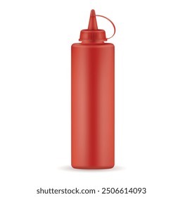 This bright red ketchup bottle is isolated on a clean white background, showcasing its squeeze design and vibrant color, perfect for adding flavor to meals.