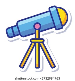 This bright sticker illustration features a cartoon telescope set up on a tripod, perfect for astronomy enthusiasts and learning about cosmic exploration.