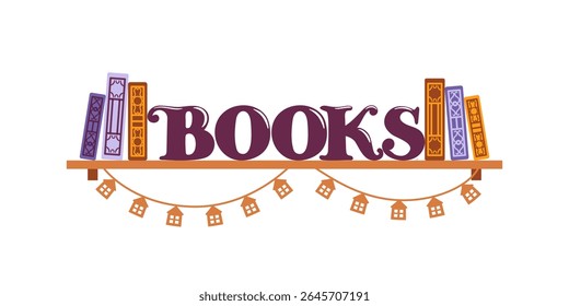 Esta ilustração vetorial brilhante apresenta uma prateleira caprichosa decorada com livros coloridos e guirlandas decorativas, criando um ambiente acolhedor para leitura. Perfeito para amantes de livros e temas educacionais