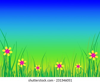 This is a bright vector illustration of green grass, yellow and pink flowers, and a bright blue gradient sky. There is space at the top of the image for text.