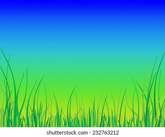 This is a bright vector illustration of green grass and a bright blue gradient sky. There is space at the top of the image for text.