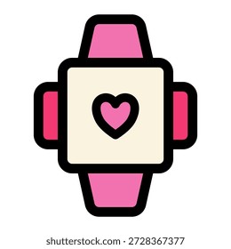 Dieses farbenfrohe Umrisssymbol zeigt eine moderne Smartwatch oder einen Fitness-Tracker mit einem rosafarbenen Herzsymbol für Gesundheitsüberwachung und digitale Konnektivität und Wellness.