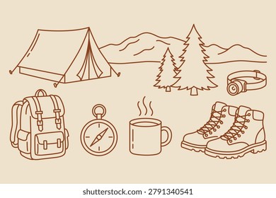 This brown line art illustration features essential camping and hiking equipment like a tent backpack boots and compass perfect for outdoor adventure and travel designs.
