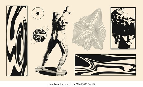 Essa narrativa visual brutalista combina escultura heroica, órbitas de mármore planetário e divindade vendada em um estudo cósmico em camadas. Conceito de galeria, imagens de exposição, design de cartaz