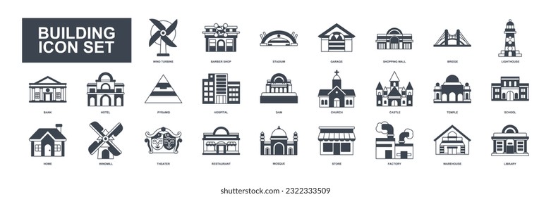 This building set icon vector illustrates various structures like homes, factories, schools, mosques, hospitals, and more, depicted with detailed and clear imagery