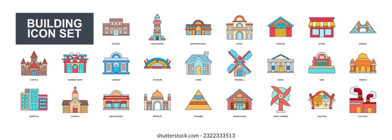 This building set icon vector illustrates various structures like homes, factories, schools, mosques, hospitals, and more, depicted with detailed and clear imagery