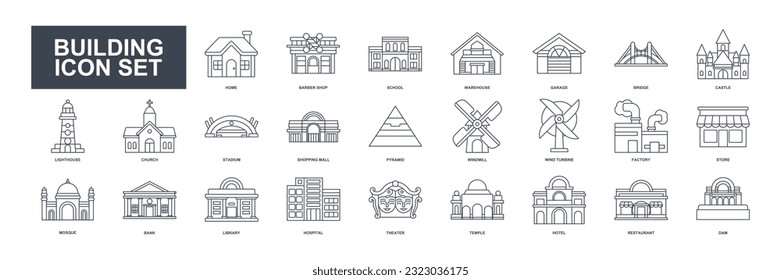 Diese Icon-Vektorgrafik des Gebäudes veranschaulicht verschiedene Strukturen wie Häuser, Fabriken, Schulen, Moscheen, Krankenhäuser und mehr, die mit detaillierten und klaren Bildern dargestellt werden
