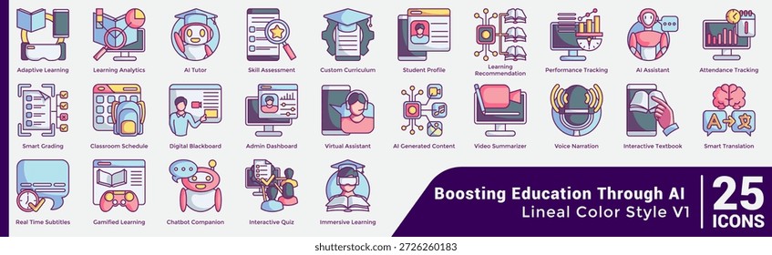 Este Paquete de 25 íconos de la educación Asistencia el aprendizaje personalizado y la transformación digital con herramientas como el aprendizaje adaptativo, el tutor de IA y la calificación inteligente para mejorar la productividad del aula. Estilo de color lineal.