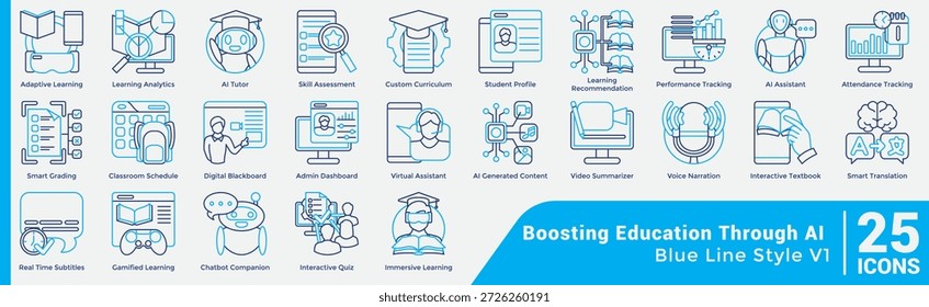 Este Paquete de 25 íconos de la educación Asistencia el aprendizaje personalizado y la transformación digital con herramientas como el aprendizaje adaptativo, el tutor de IA y la calificación inteligente para mejorar la productividad del aula. Estilo Dual Line.
