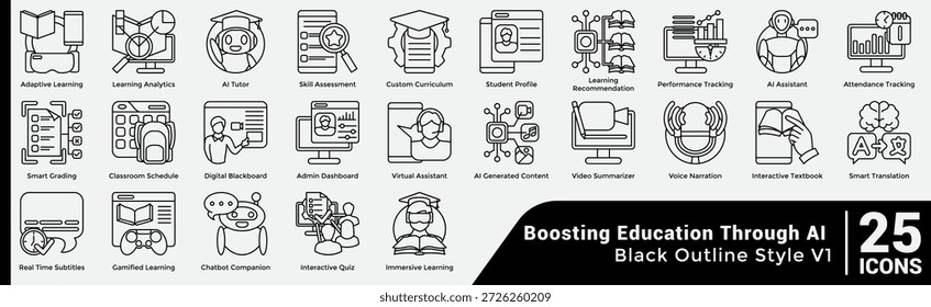 Este pacote de 25 ícones educacionais suporta aprendizagem personalizada e transformação digital com ferramentas como Aprendizagem adaptativa, Tutor de IA e Smart Grading para melhorar a produtividade em sala de aula. Estilo da linha.