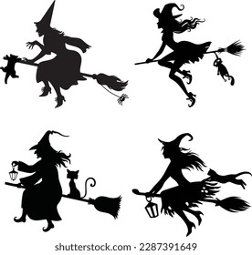 This bundle of 4 Witch and Cat on Broomstick Vector Silhouette Designs is perfect for anyone looking for high-quality, Halloween-themed graphics. 