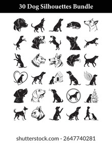 This bundle includes 30 unique dog silhouettes featuring a variety of poses, breeds, and artistic styles, such as sitting, jumping, playing, barking, and interacting with humans. Some silhouettes.