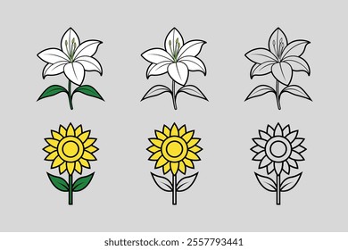 This bundle showcases Sunflower and Lily designs in three styles full color, color with line art, and black line art. Ideal for floral, decorative, and creative design projects.