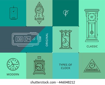 This bundle of vector flat, line icons, illustration included 8 unique types of clocks with classic and modern styles. We can use it for mobile app icon, logo design, print materials and other tasks.