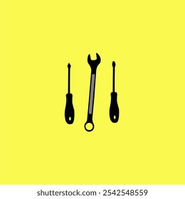 This is a bundle of vector images of screwdrivers and shillouet wrenches on a yellow background suitable for design of icons, symbols, workshops, repairs, tool storage rooms, tool boxes and others.