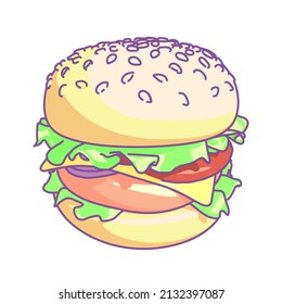 this is a burger cartoon vector with simple shading, with bluish outline