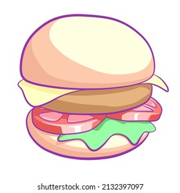 this is a burger cartoon vector with simple shading, with bluish outline